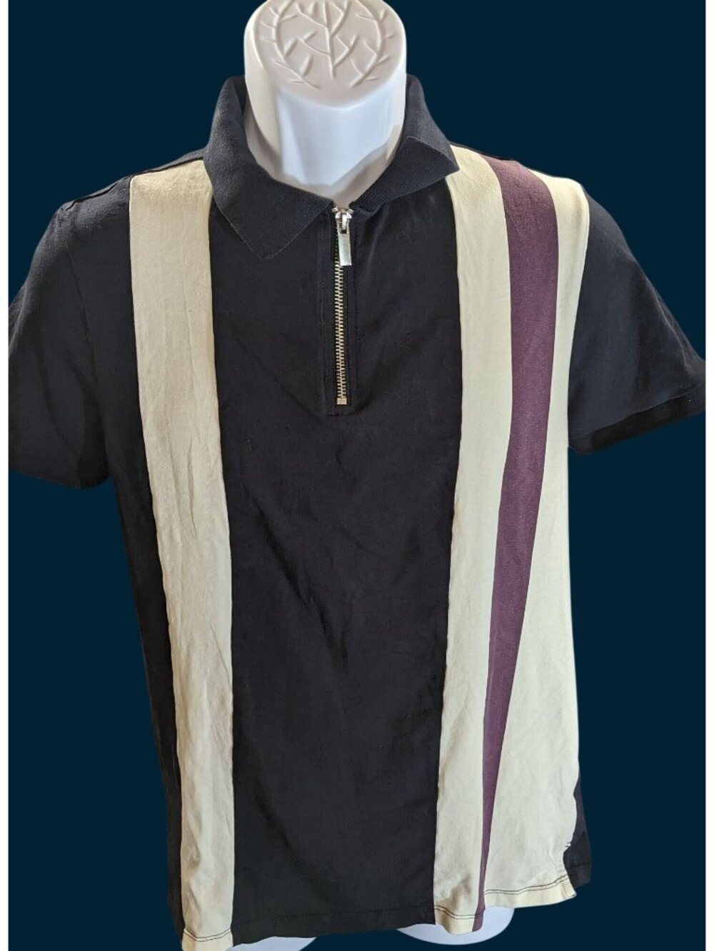 Primark Mens Medium Striped Zip Polo Shirt Black Beige Purple Short Sleeve